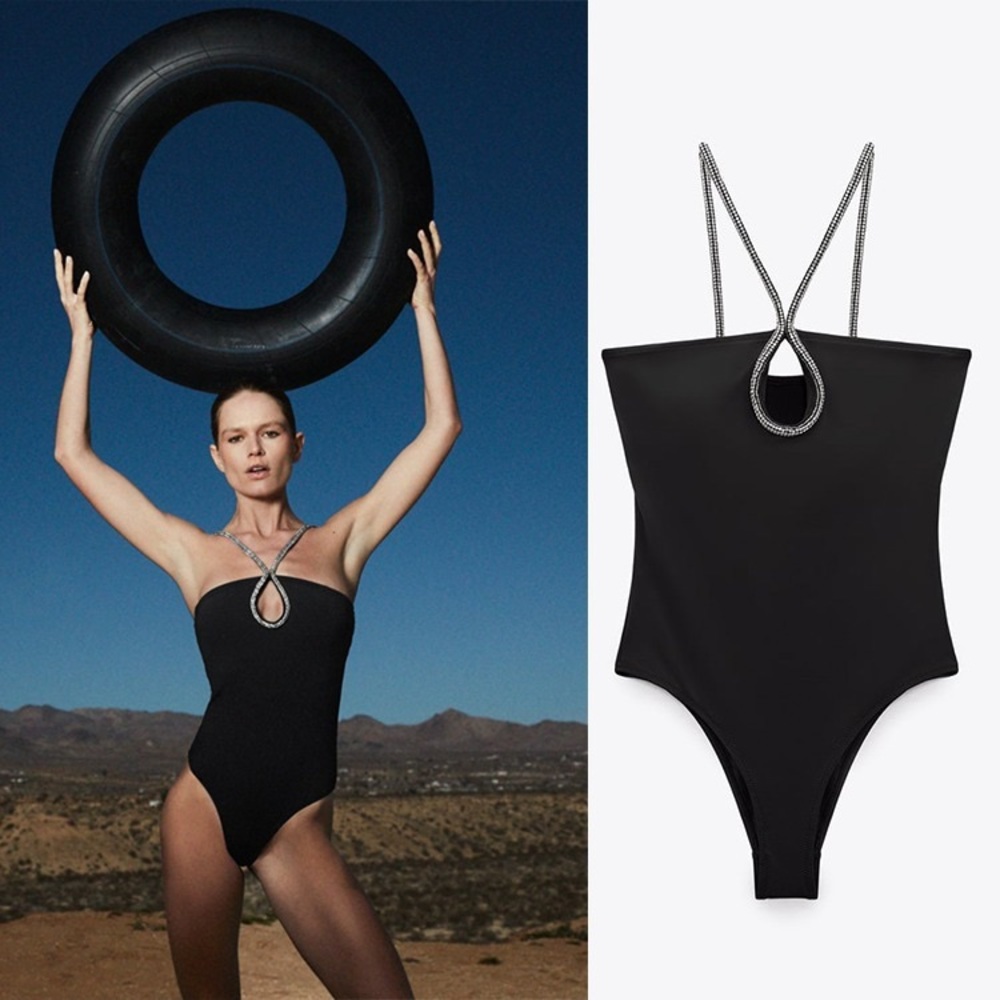 ZARA Rhinestone Strap Black One PieceSwimsuit S NWT